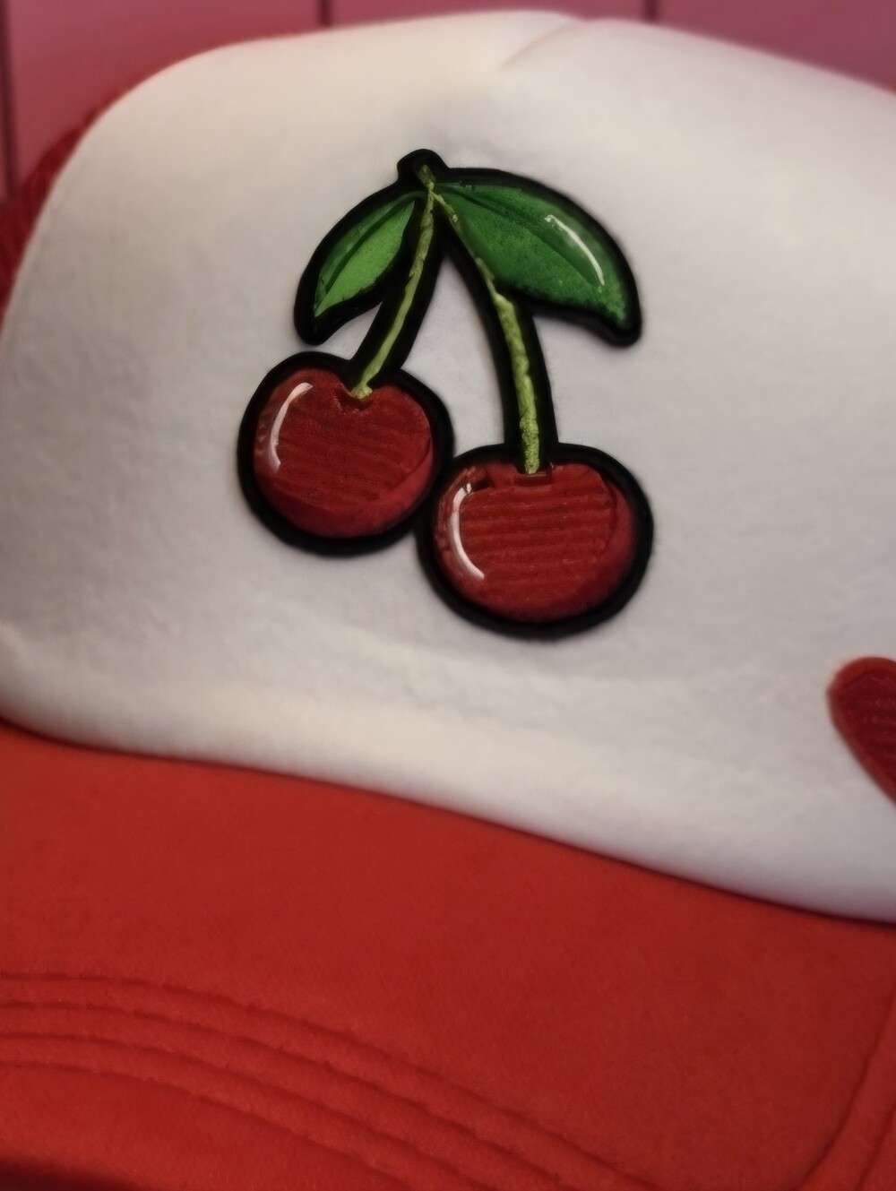 Y2K Retro Red Cherry Embroidered Mesh Trucker Hat Cap with Heart Patch
